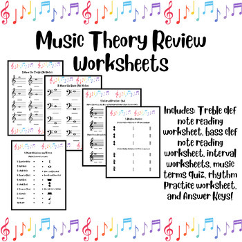 Preview of Music Theory Review Worksheets-Note Reading, Intervals, Terms, and Rhythm