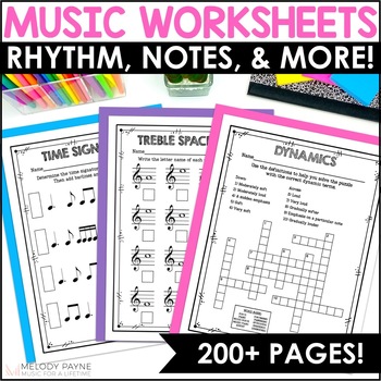 Preview of 200 Music Theory Worksheets - Music Class & Piano - Note Reading, Rhythm, & More