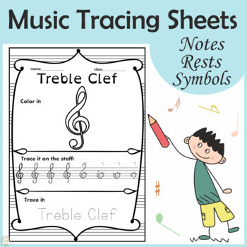Preview of Music Tracing Worksheets  | Notes, Rests, and Symbols | Print and Digital