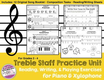 Preview of Music Unit Treble Staff Practice for Piano and Xylophone BUNDLE