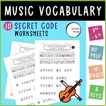 Preview of Music Vocabulary Secret Code Worksheets for 3rd 4th and 5th Grades