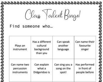 Preview of Music Warm Up/Get to Know Me - Talent Bingo