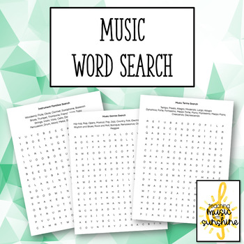 Preview of Music Word Search Pack (Instruments, Terms, Notes, Genres & Careers)