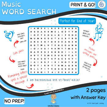 Preview of Music Word Search Printable Activity Worksheet - End of the School Year