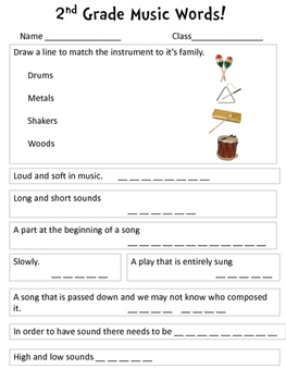 music worksheet for second grade