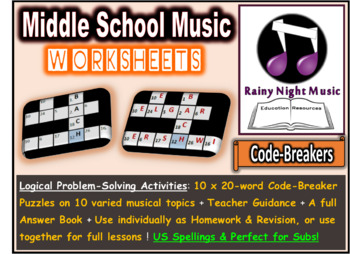 Preview of Music Worksheets DIGITAL and PAPER Code Breaker Puzzles HOME LEARNING