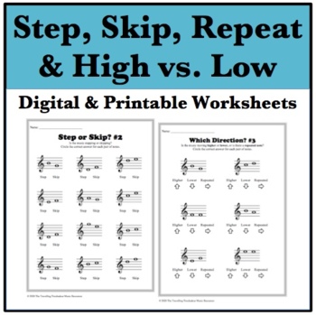 Preview of Music Worksheets - Steps, Skips, High and Low, & Repeated Notes in Treble Clef