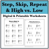 Music Worksheets - Steps, Skips, High and Low, & Repeated 