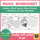 Music Worksheets Sudoku, Word Search & maze Puzzles