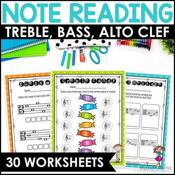 Preview of Music Worksheets - Treble Clef, Bass Clef, Alto Clef Note Naming Practice