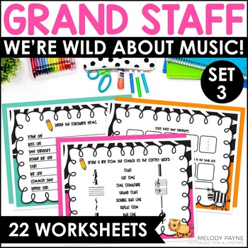 Preview of Wild About Music Worksheets for Music Class & Piano - Set 3 Grand Staff