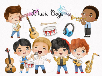 Preview of Music boys , music Instruments clipart instant download PNG file - 300 dpi