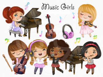Preview of Music girls , music Instruments clipart instant download PNG file - 300 dpi
