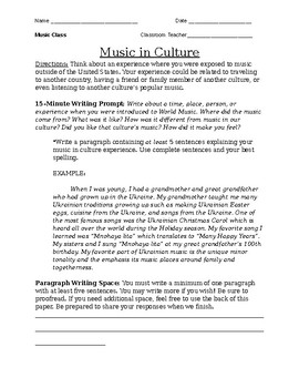 Music in World Culture: Writing Prompt by The Magic of Music | TpT