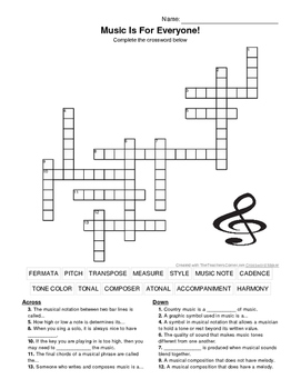 Preview of Music is for Everyone!  Crossword puzzle-GREAT "BACK TO SCHOOL" ACTIVITY!