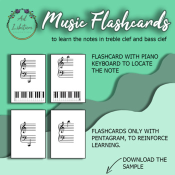 Preview of Music notes Flashcards - treble clef - bass clef - Learning music - piano