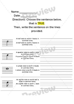 Preview of Music true/false writing worksheet
