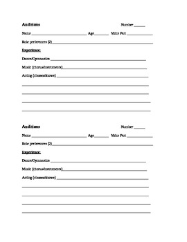 Musical Audition Form - middle/high school by Marie Meyer | TpT