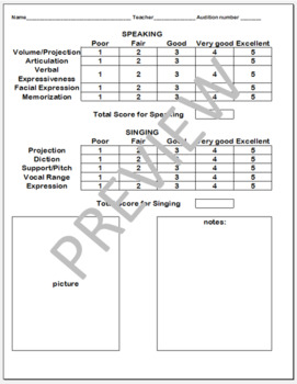 Preview of Musical Audition Rubric Editable