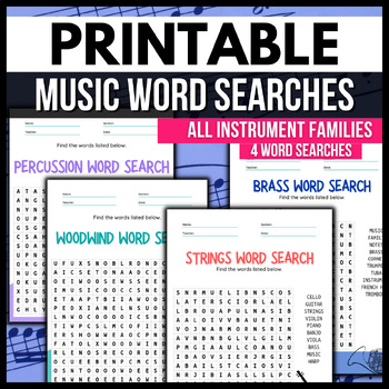 Preview of Musical Instrument Families Word Searches [4 Printable Word Search Activities]