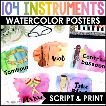 Preview of Music Classroom Decor - Rainbow Watercolor Musical Instrument Posters & Labels