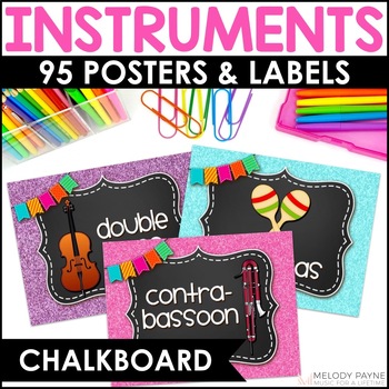 Preview of Musical Instrument Posters & Labels - Chalkboard & Glitter Music Classroom Decor