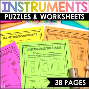 Preview of Musical Instrument Worksheets and Crossword Puzzles for Elementary Music Class