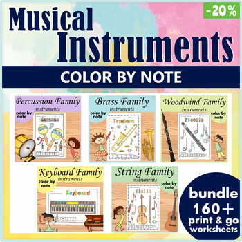 Preview of Musical Instruments Coloing by Note Worksheets Bundle | Music Sub Plans
