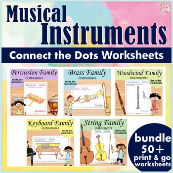 Preview of Musical Instruments Dot to Dot Worksheets Bundle | Connect the Dots