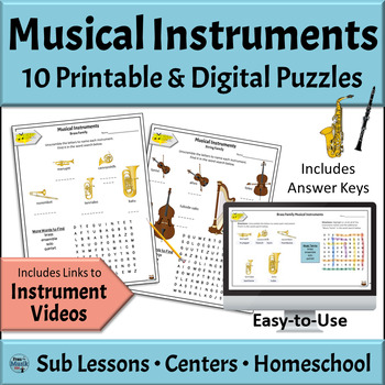 Preview of Musical Instruments Worksheets - Families of the Orchestra and Band Puzzles