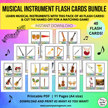 Preview of Musical Instruments Flashcards, 40 Music Flash Cards, Preschool Learn Music