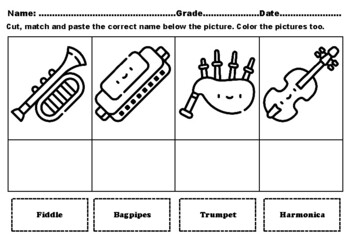 Preview of Grade 1 Musical Instruments, Match, Cut & Paste Worksheets Music Month Activity