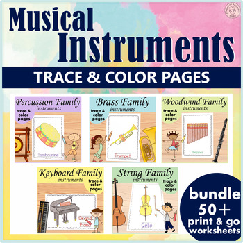 Preview of Musical Instruments Trace and Color Pages Bundle | PDF & Digital