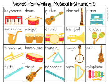 Musical Instruments Word List - Writing Center by The Kinder Kids