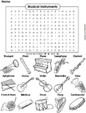 Musical Instruments Activity: Word Search Worksheet