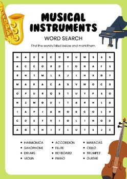 Preview of Musical Instruments - Word Search - Activity
