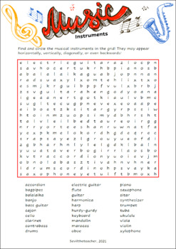 Musical Instruments, Word Search Puzzle by Seviltheteacher | TpT
