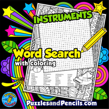 Preview of Musical Instruments Word Search Puzzle with Coloring | Music Wordsearch