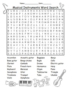 Musical Instruments Word Search Worksheet! by LailaBee | TPT