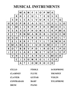 Musical Instruments Themed Word Search Puzzle Worksheet Tpt
