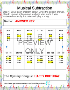 Preview of Musical Math - Mystery Songs - Addition & Subtraction