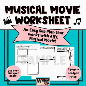 Preview of Musical Movie Worksheet- 3 pages to accompany ANY musical! Great Sub Plan idea!