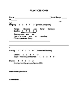 Preview of Musical Theater Audition Form