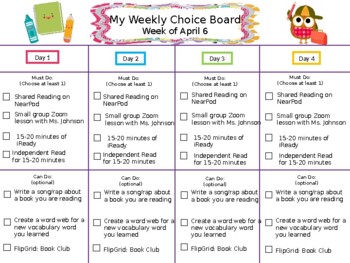 Preview of Must Do/May Do Editable 4 day Choice Board