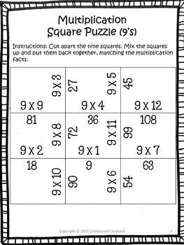 Multiplication Madness: Square Puzzles for Basic Fact Practice (9's