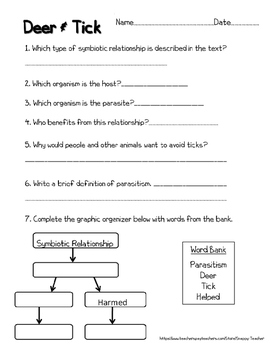 Mutualism Reading Comprehension Worksheets - Deer and Tick Symbiosis