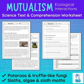 Preview of Mutualism Reading Activity and Worksheet | Symbiosis in Ecological Relationships