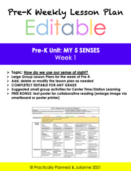 Preview of My 5 Senses Pre-K Week 1 Editable Lesson Plan