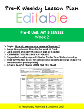 Preview of My 5 Senses Pre-K Week 2 Editable Lesson Plan