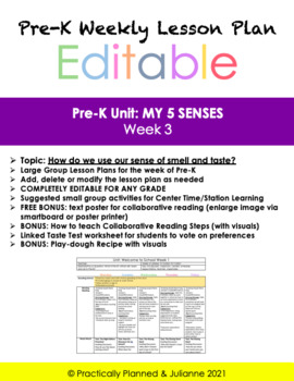 Preview of My 5 Senses Week 3 Pre-K Editable Lesson Plan